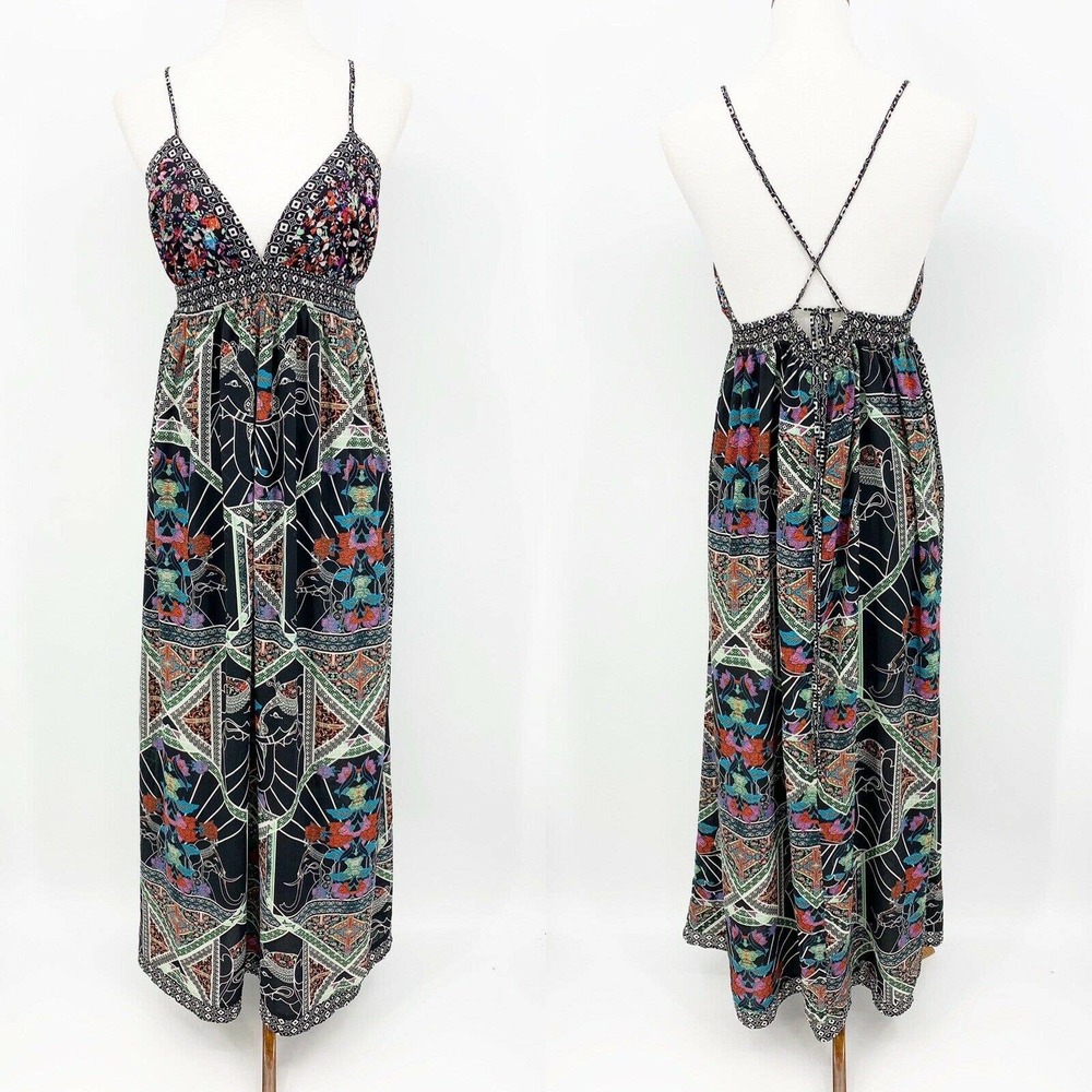 Fire Los Angeles Maxi Dress Size Lβ Womens Strappy V Neck Elephant Asian Summer